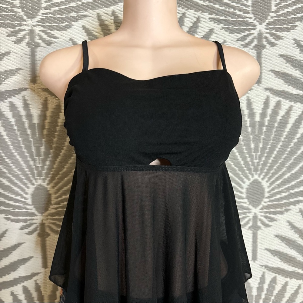 Sheer Mesh Asymmetrical Cutout Swim Top Tankini Black Flowy Babydoll Y2K Sz L - Picture 3 of 11